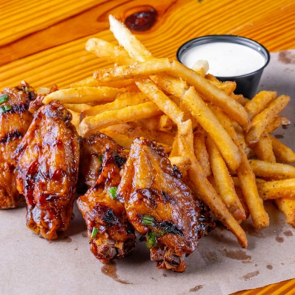 Glazed grilled chicken wings served with seasoned French fries and creamy dipping sauce on parchment over a wooden table.