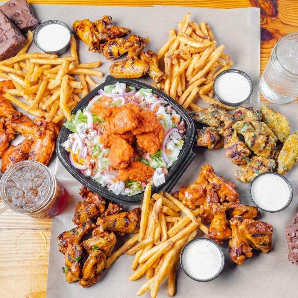 Overhead spread of sauced chicken wings, fries, dipping sauces, brownies, salad, and drinks on a wooden table.