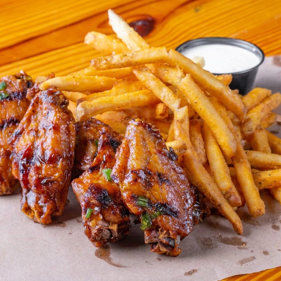 Glazed grilled chicken wings served with golden French fries and dipping sauce on parchment paper atop a wooden table.