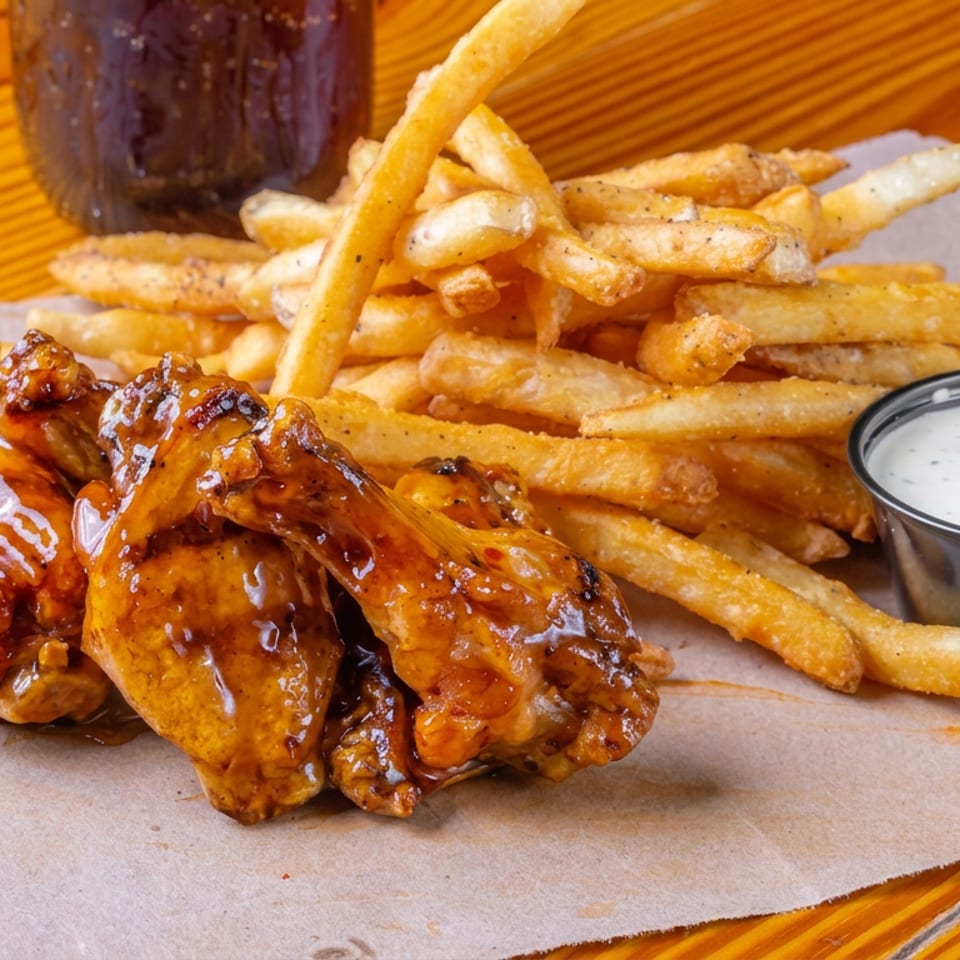 Glazed chicken wings and golden fries served with creamy dipping sauce on parchment over a wooden table.